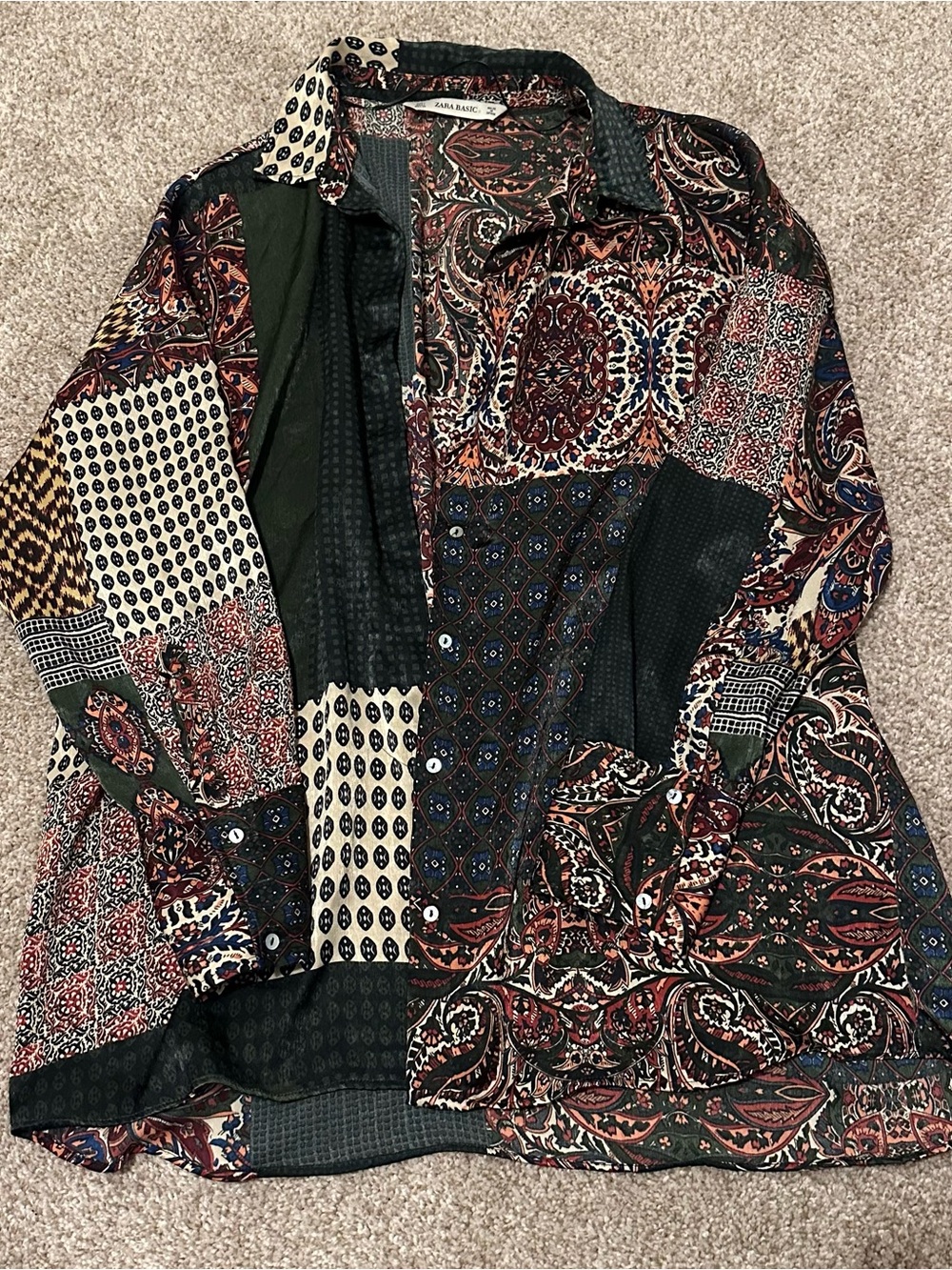 Zara Basic Green and Rust Paisley Blouse